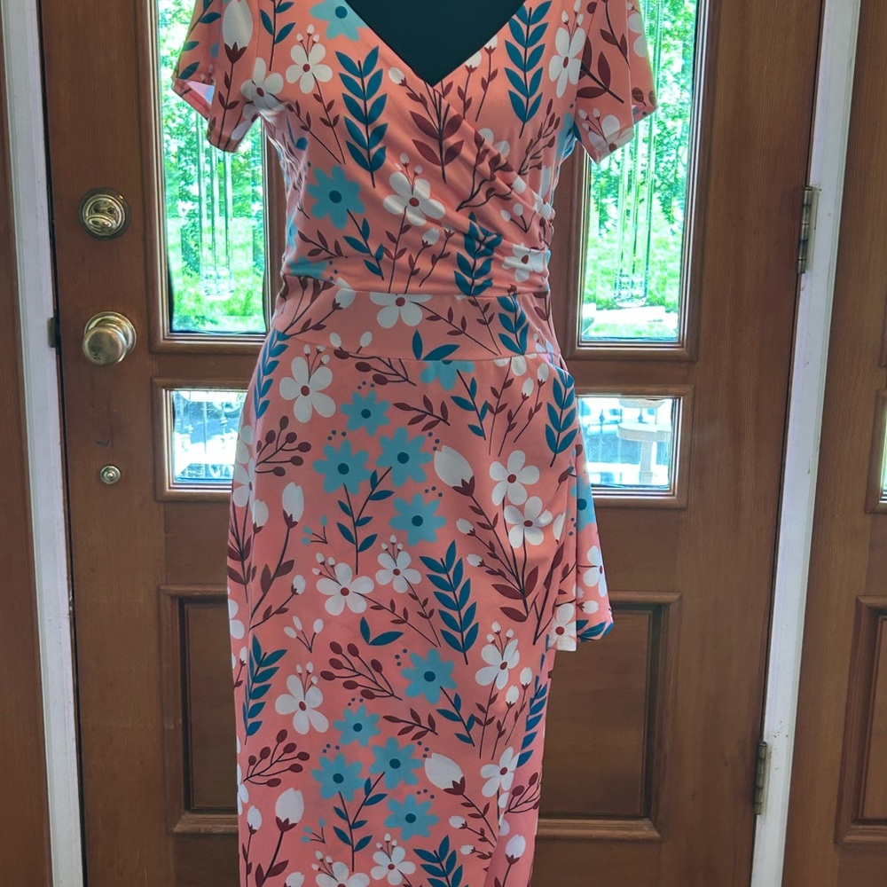 Floral Faux-Wrap Dress in Pink/Peach and Blue